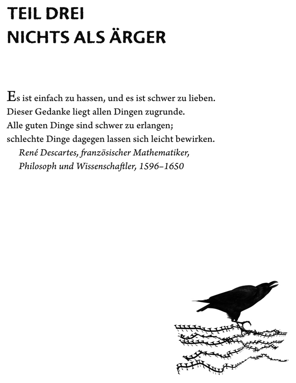 TEIL DREI | NICHTS ALS ÄRGER – Es ist einfach zu hassen, und es ist schwer zu lieben. Dieser Gedanke liegt allen Dingen zugrunde. Alle guten Dinge sind schwer zu erlangen; schlechte Dinge dagegen lassen sich leicht bewirken. – René Descartes, französischer Mathematiker, Philosoph und Wissenschaftler, 1596–1650