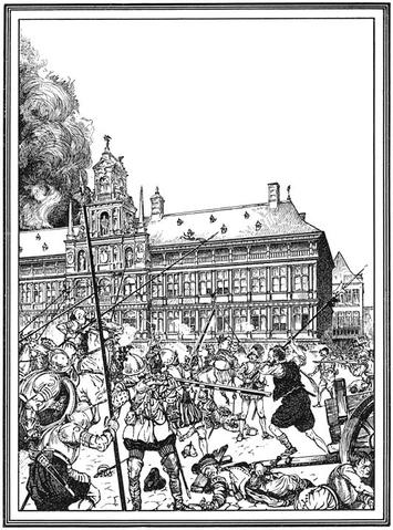 Straatgevecht voor het Antwerpsche Raadhuis. 4 Nov. 1576. (Bladz. 304.)